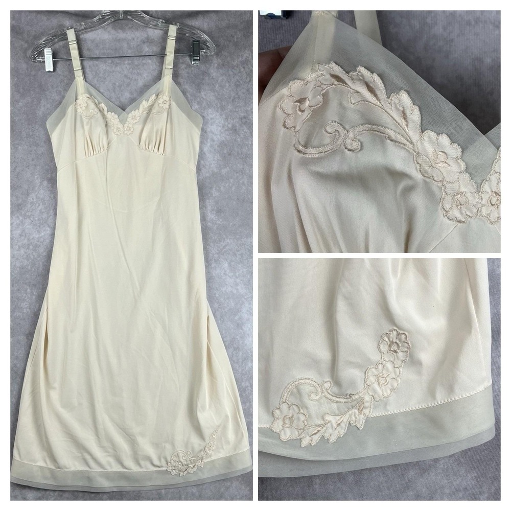 Vtg 40s Lorraine Floral Full Slip Dress 32 XS/S Beige Pin Up Lingerie Romantic